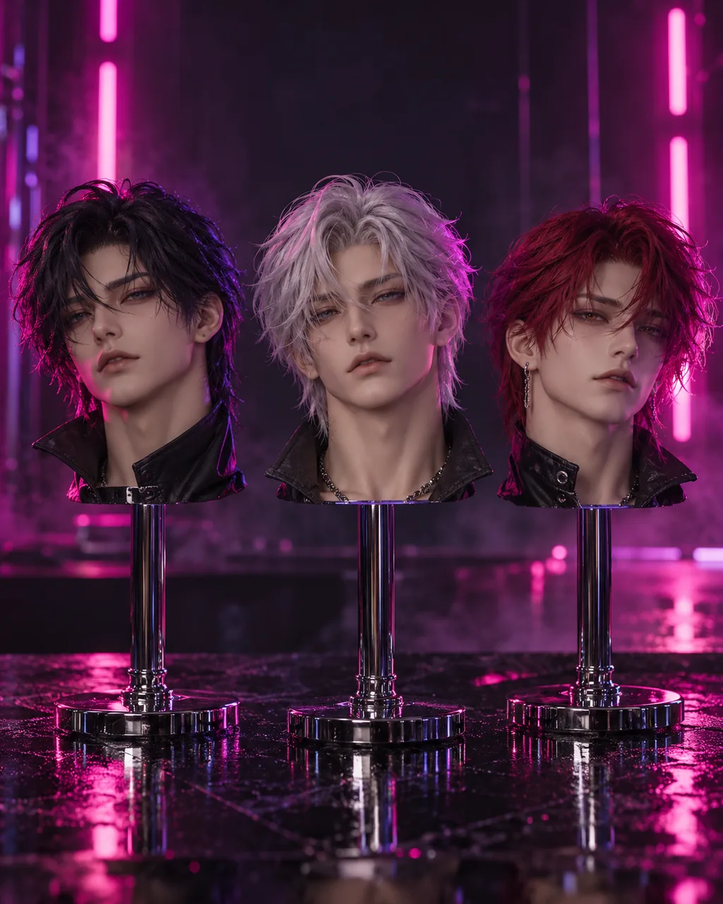 Three male anime doll heads on stands