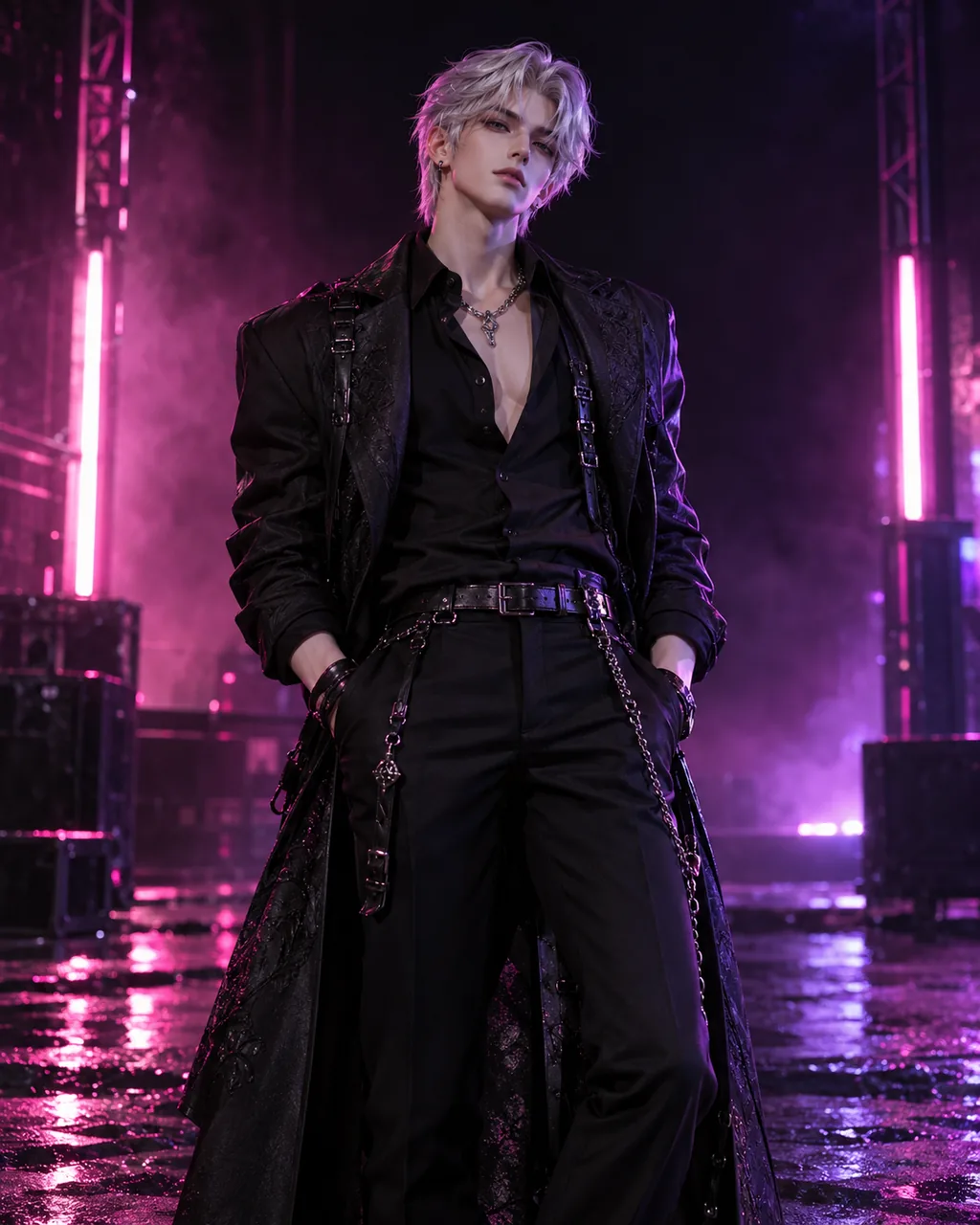 Male anime doll with silver hair in a long black coat