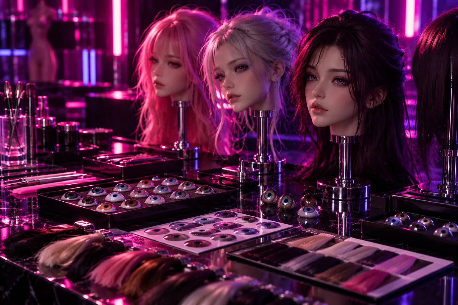 Doll heads, wigs and eye options laid out on a workbench