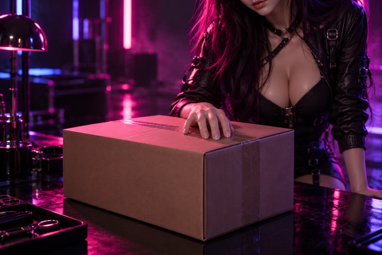 Plain shipping box beside an anime doll