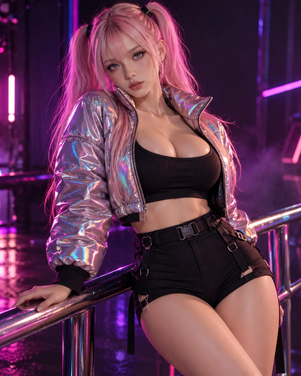 Aiko TP-03, pink-haired anime doll in a holographic jacket