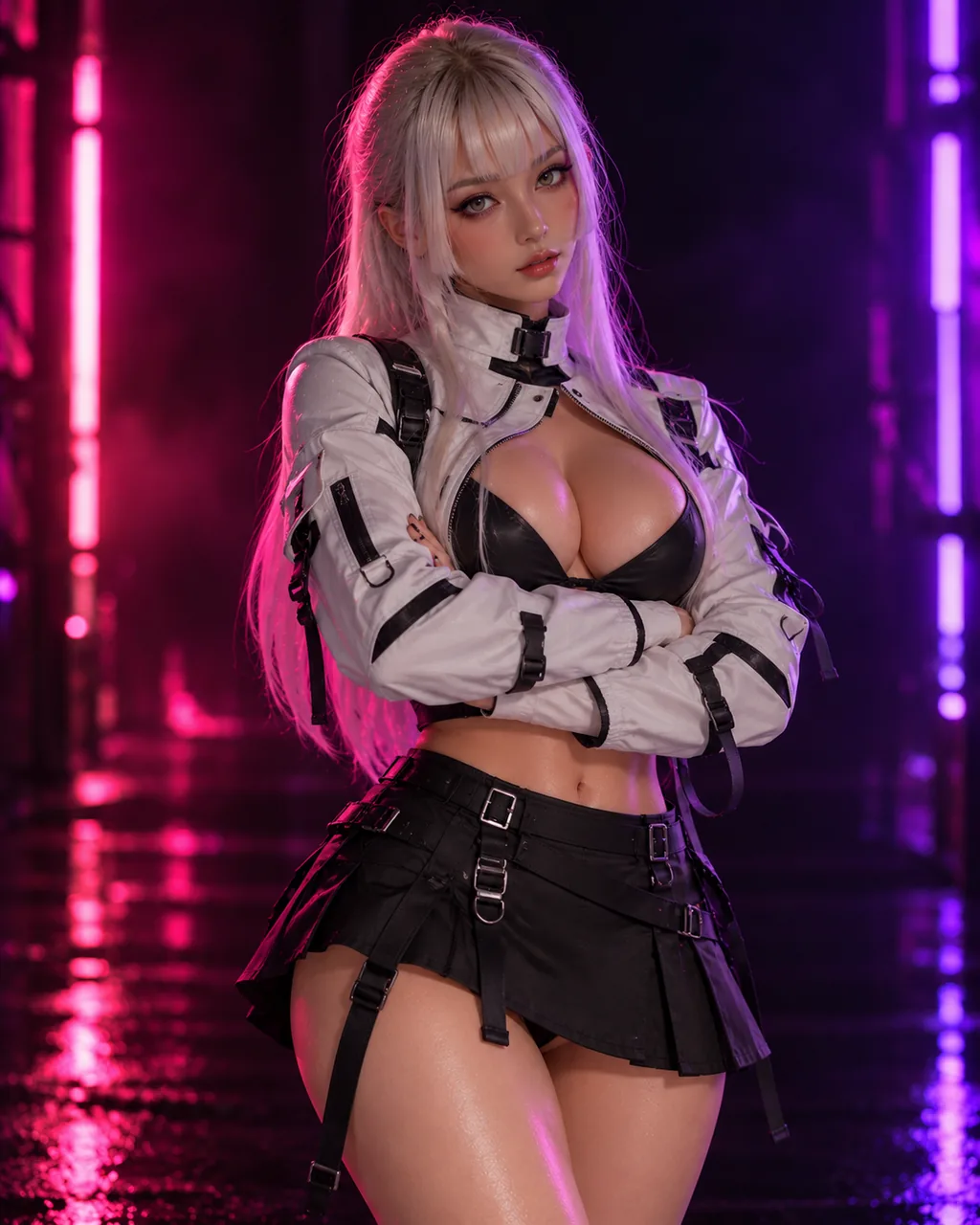 Emi CU-04, platinum-haired anime doll in a striped jacket and pleated skirt