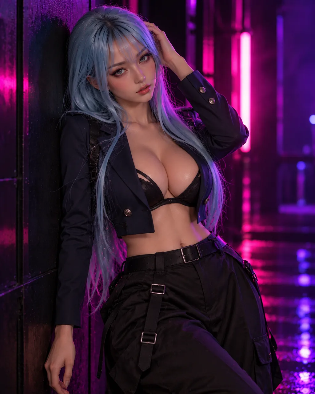 Rika MI-03, blue-haired anime doll in a black cropped jacket