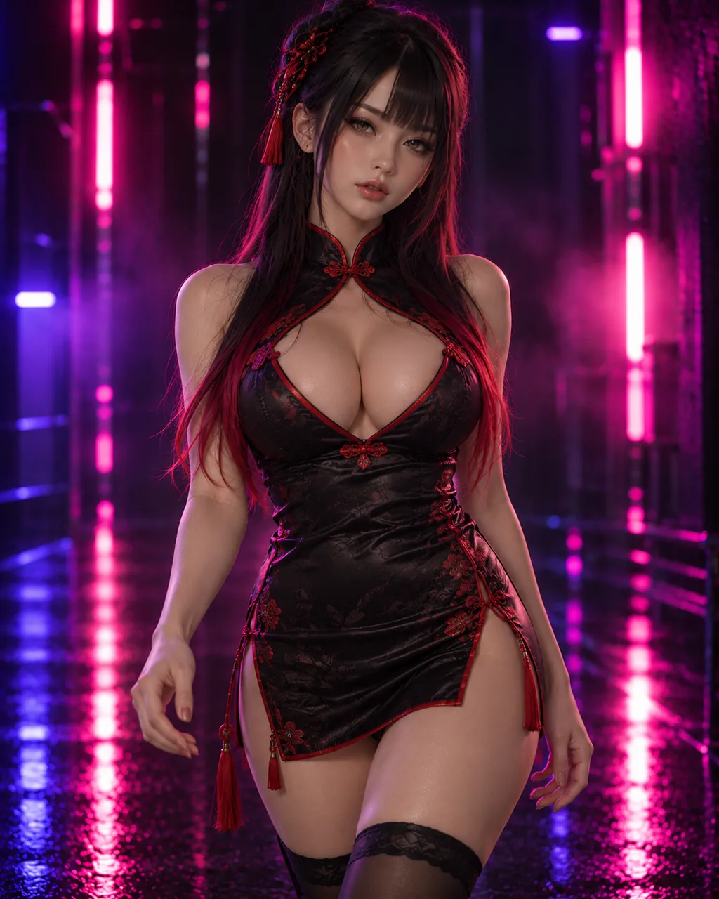 Black-haired anime doll in a black dress with red trim