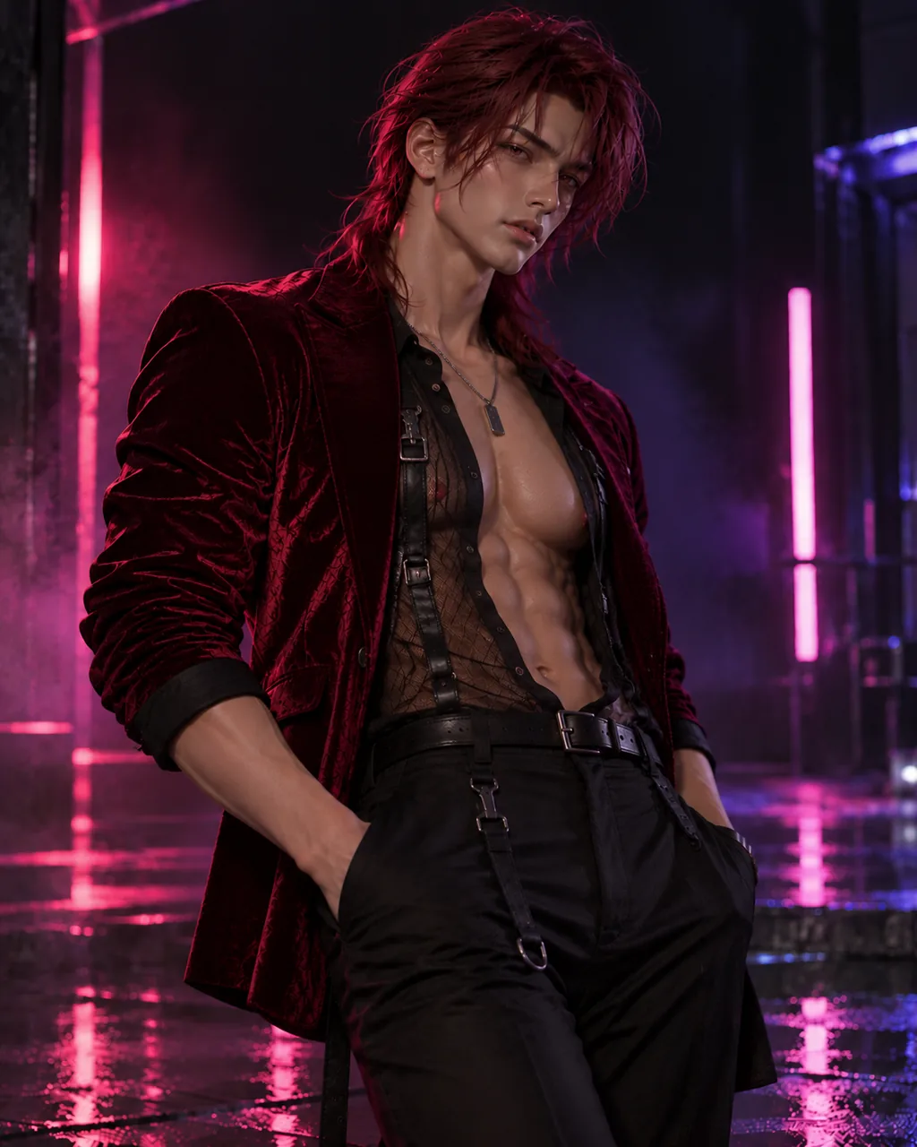 Asahi MA-04, male anime doll with red hair in a burgundy velvet jacket